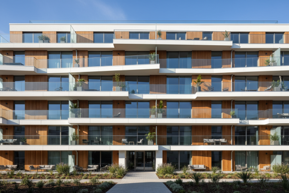 Moderne Wohnanlage mit Balkonen und großen Fenstern in einem urbanen Umfeld.